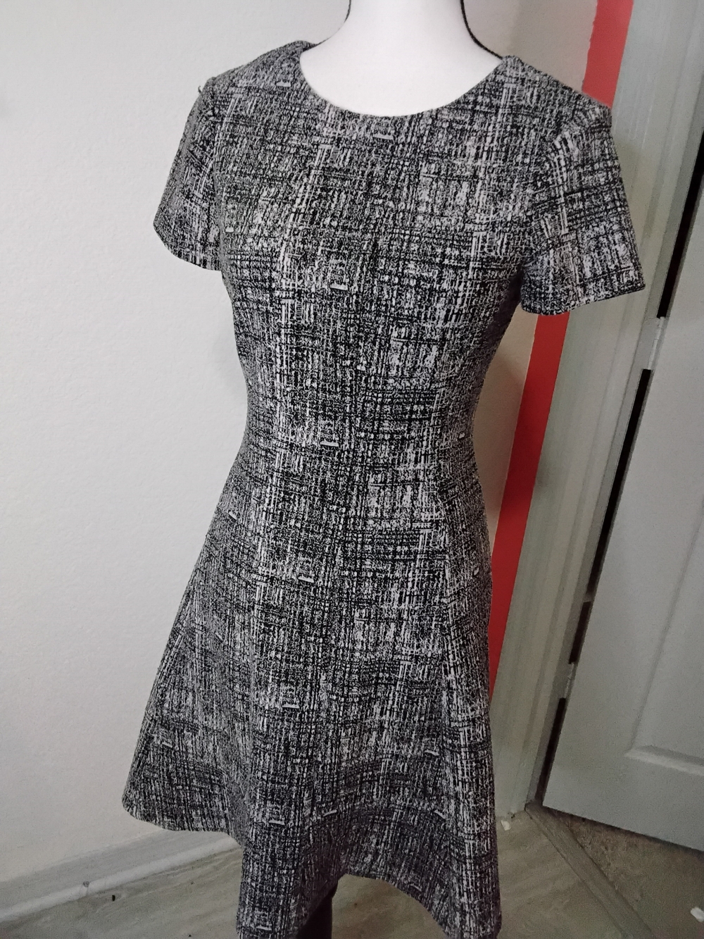 DKNY Black & White Textured Fit-and-Flare Midi Dress